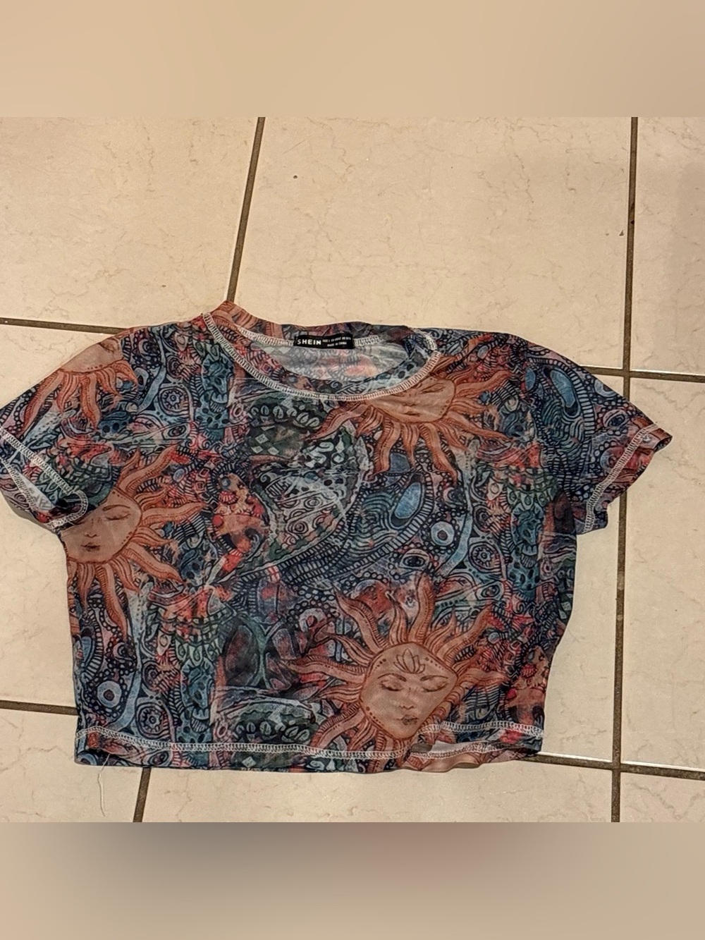 Sheer Sun Motif Mesh Crop Tee - Multicolor
